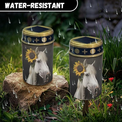 White Horse Sunflower Solar Garden Lights for Cemetery Solar Lights Outdoor Garden, Eternal Lights for Cemetery Grave Decorations