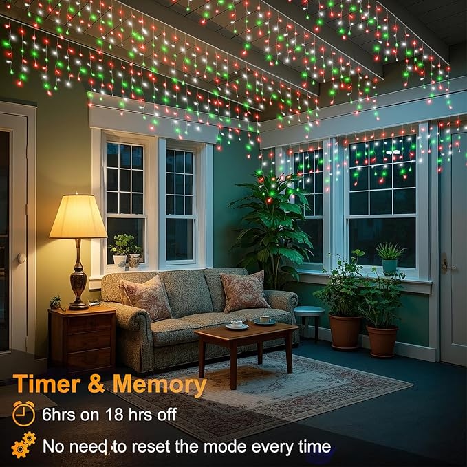 66ft Icicle Lights for Outside, Red White and Green Christmas Lights Outdoor Indoor, 640 LED Twinkle String Light | Lumora