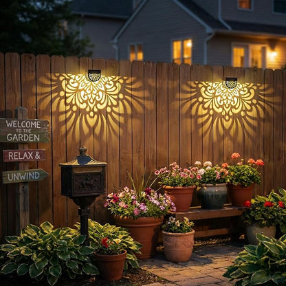 4 Pack Solar Fence Lights Outdoor Wall Lights Plastic Solar Powered Deck Step Stair Lights Mandala Theme Waterproof Fence Solar Light for Garden Post Patio Yard Decor, Gardening Gifts for Women Mom
