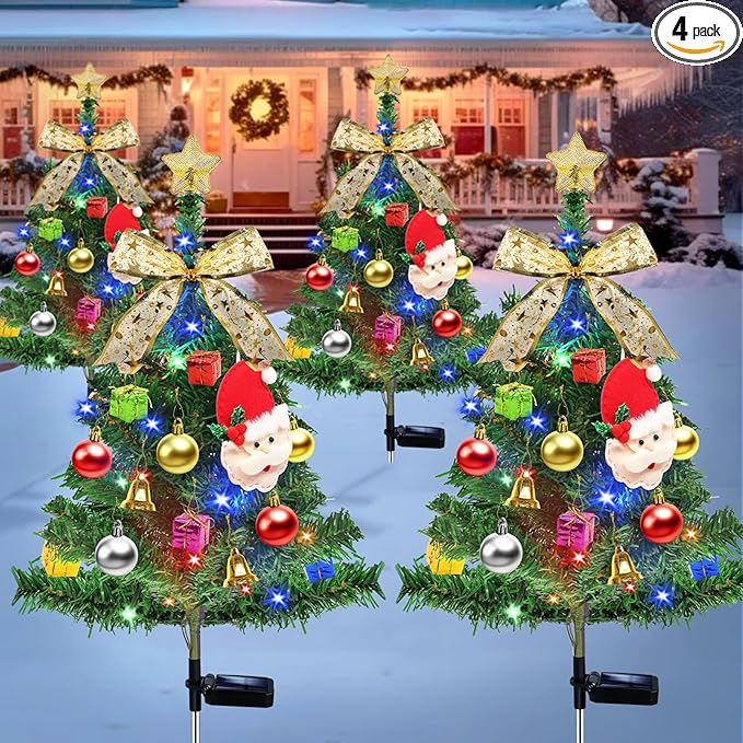 4 Pcs Solar Christmas Tree, Outdoor Christmas Decorations, 80 LED Waterproof Solar Christmas Lights, Multicolor Xmas Tree Lights for Outside Holiday Pathway Yard Garden Patio Grave Cemetery Decor