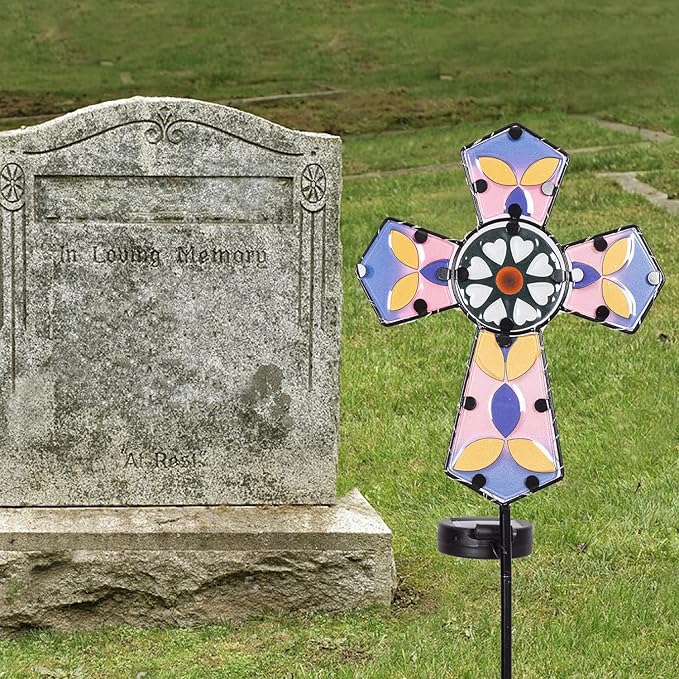 Solar Cross Garden Stake Lights 38inch Colored-Painted Outdoor Waterproof Memorial Garden Decor 2 Lighting Modes Cemetery Decorations for Grave for Remembrance Gifts & Sympathy Gifts