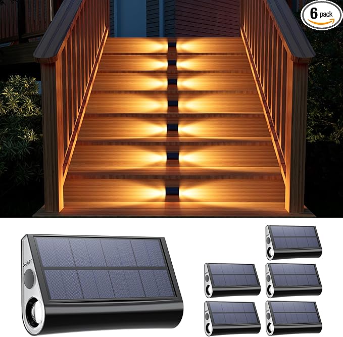6 Pack Solar Powered Step Lights Outdoor Waterproof LED for Deck Stair Safety Outside Decorative Lamp for Yard, Patio, Porch Railing, Pathway, Fence, 2 Sided Warm White Lighting for Enhanced Security