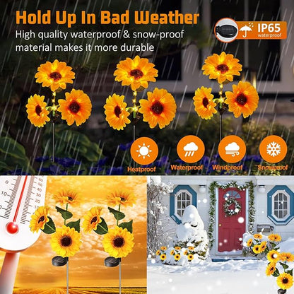 Sunflower Solar Lights Outdoor, IP65 Waterproof Fairy Decor Light, 2 Modes Constant Light&Blinking, 3 Pack Flower Lights with 9 Sunflowers, Ideal for Garden, Back Yard, Patio, Flower Bed, Cemetery