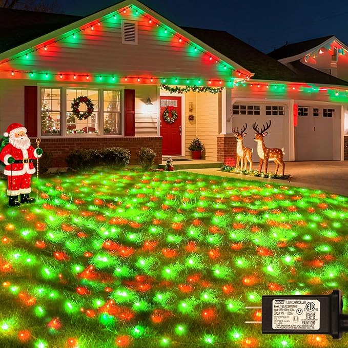 Lovelite 300LED Christmas Net Lights, 14.8ft x 5ft Mesh Lights Outdoor Green Wire 8 Modes Timer, Waterproof Connectable String Lights for Bushes Xmas Tree Garden Holiday Party Decor - Red Green