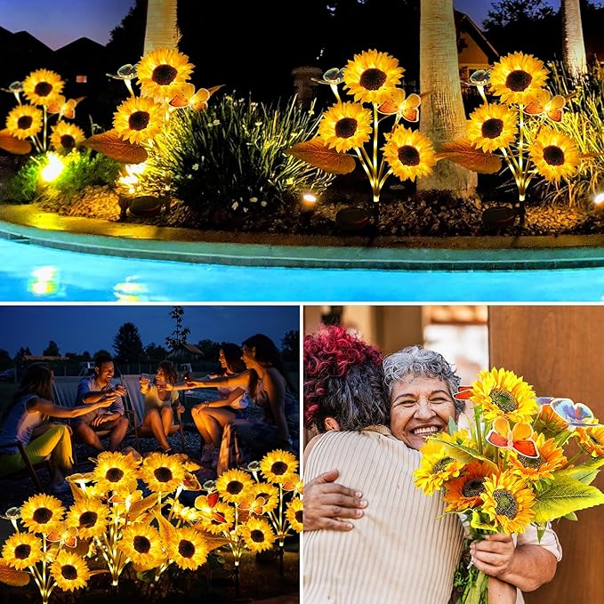 Solar Sunflower Lights Outdoor Garden Decor, 2 Pack Sunflower Decor with 4 Butterfly, 800mA Solar Stake Lights | Lumora