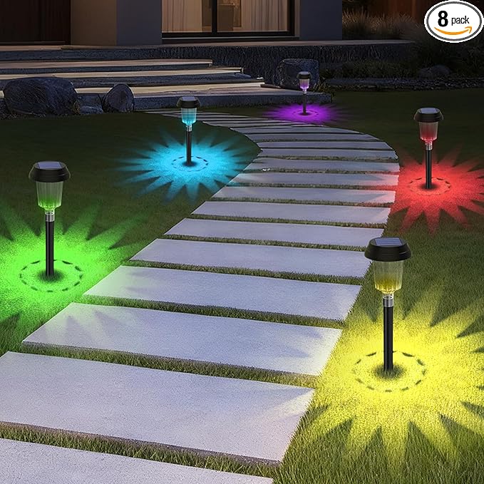 TECKNET 8 Pack Solar Powered Pathway Lights, Auto On/Off Color Changing Solar Stake Lights Outdoor with Warm White & RGB Colored, IP68 Waterproof Pathway Light Outdoor for Yard Walkway Lawn