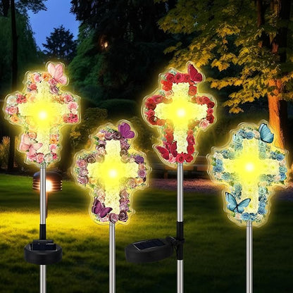 Retisee 4 Pack Easter Flowers Cross Garden Stake Solar Lights Decoration Outdoors Cemetery Yard Decor Jesus Cross Sympathy Memorial Gift Waterproof for Garden Lawn Patio Pathway Decor