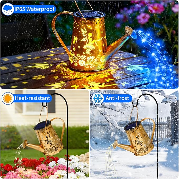 YJFWAL Solar Watering can with Lights, Unique Gifts for Mom Grandma Women Birthday, Waterproof Gardening Gifts Watering Can with Cascading Lights Outdoor Decor for Garden Patio Yard Pathway (Blue)