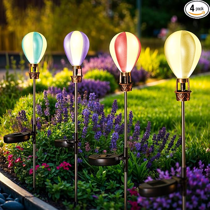 Solar Pathway Lights Outdoor - Hot Air Balloon Solar Lights Outdoor Waterproof for Outside Patio Pathway Garden Yard Path Walkway Fence Lawn Decor,4 Pack
