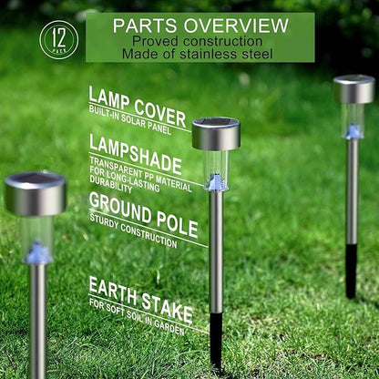 Solar Lights Outdoor Waterproof, Stainless Steel LED Landscape Lighting, Solar Garden Lights, Outdoor Valentines Day Decorations for Yard, Pathway, Walkway, Patio, Lawn - 12 Pack ( Multicolor )