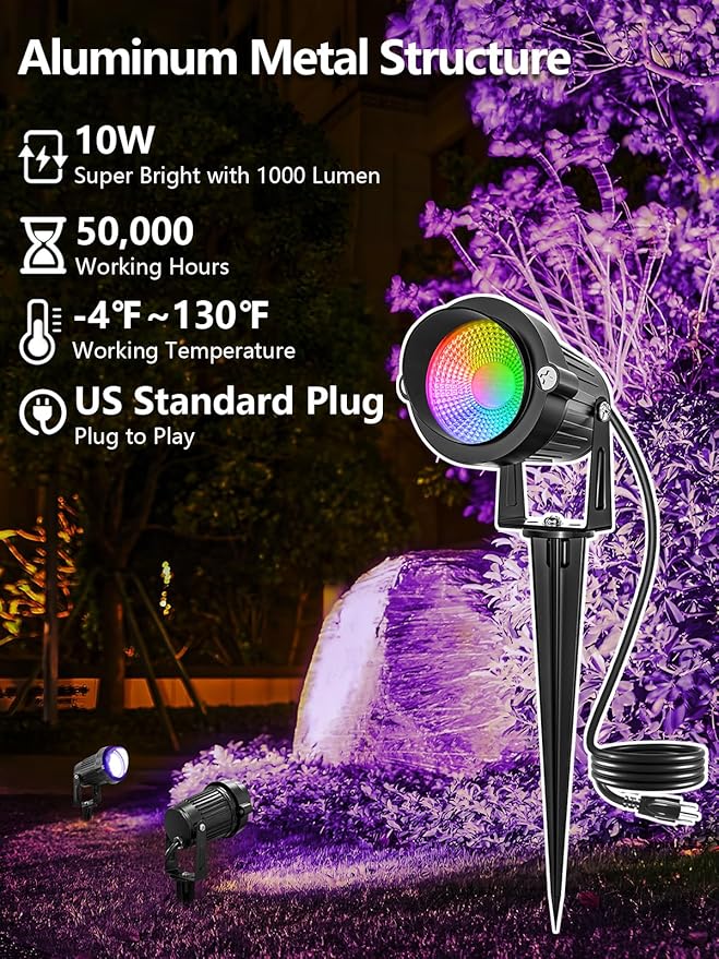 Christmas RGBW Outdoor Spotlights for Yard, 10W Color Changing Landscape Lights with Remote Control 120V LED Landscape Lighting Waterproof Spotlight with Plug Tree Garden Path Decoration(2Pack)
