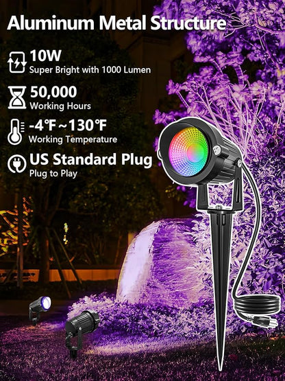 Christmas RGBW Outdoor Spotlights for Yard, 10W Color Changing Landscape Lights with Remote Control 120V LED Landscape Lighting Waterproof Spotlight with Plug Tree Garden Path Decoration(2Pack)