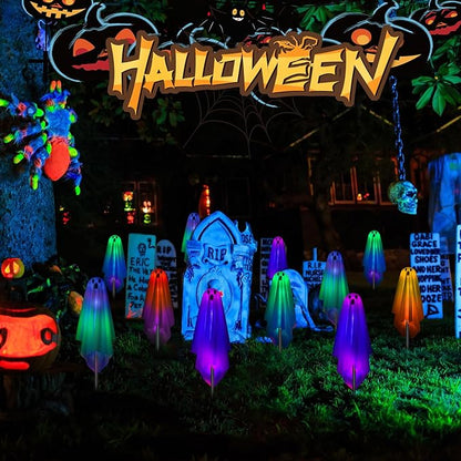 Threan 12 Packs Halloween Decoration Solar Ghost Pathway Decoration Outdoor White Cloth Ghost Stakes, Spooky Cloth Ghosts Solar Decor, Changing LEDs Pathway for Halloween Party Yard Lawn Patio Porch