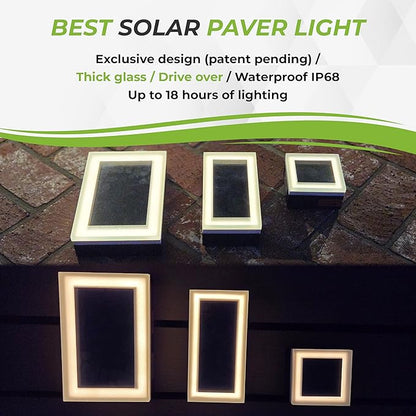 LUMENGY Solar Paver Light 4×8 inch (3.93x7.87), Stainless Steel with Tempered Glass, 2700K Warm White Glare-Free Lighting for Driveways, Walkways and Patios, IP67 Waterproof, Drive-Over Rated