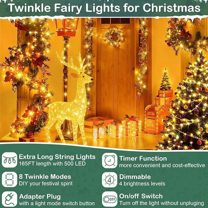 165Ft Ultra Long 500 LEDs String Lights Plug in, with Switch/Timer, Waterproof Dimmable Copper String Lights for Home/Holiday Decor, 8 Modes Fairy Lights with Remote, Warm White UL Listed