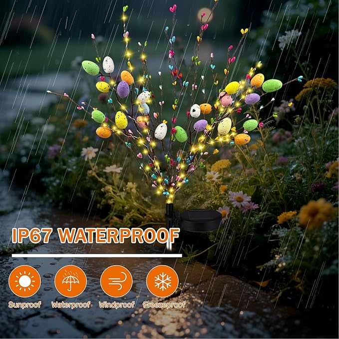 2 Pack Solar Easter Egg Lights Outdoor, 96 LED Waterproof Solar Easter Yard Decorations Outdoor Easters Yard Stakes Lights with 2 Lighting Modes for Outside Lawn Walkway Patio Cemetery Grave