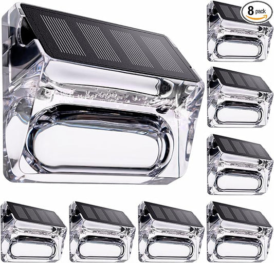 Solar Outdoor Lights 8 Pack, Solar Fence Deck Lights, Waterproof Powered Outside Lighting for Step Railing Wall Pool Stair Yard Garden Patio Decorations