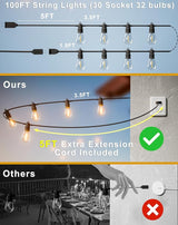 100FT LED Outdoor String Lights with 30 Edison Shatterproof IP65 Waterproof Bulbs, 2700K Dimmable Commercial Grade | Lumora