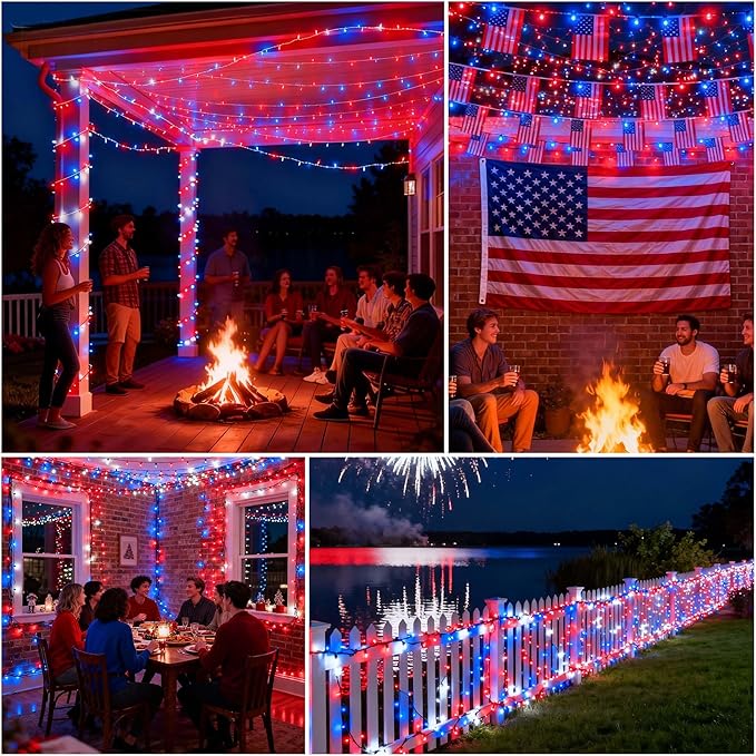 Red White and Blue String Lights,4th of July Decoration,23.3FT-70 Lights LED String Lights, Fairy Lights for Independence Day President Day Memorial Day Plug in IP68 Waterproof