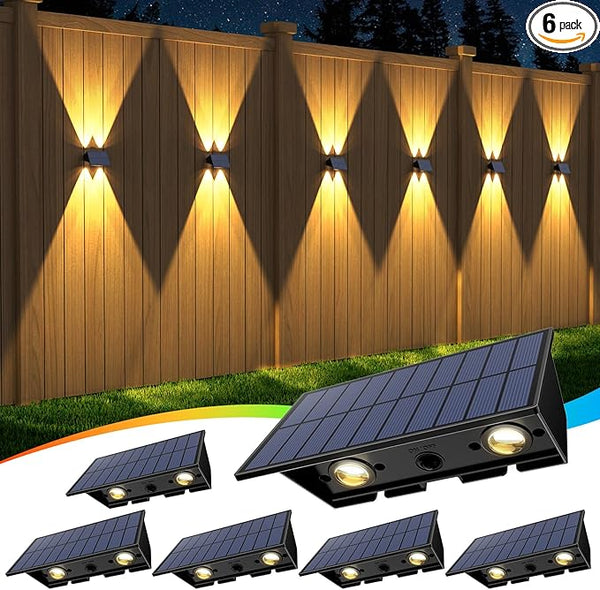 Solar Fence Lights,6Pack Solar Lights Outdoor Warm White + RGB Up & Down Waterproof 100 Lumens Dusk to Dawn Large | Lumora