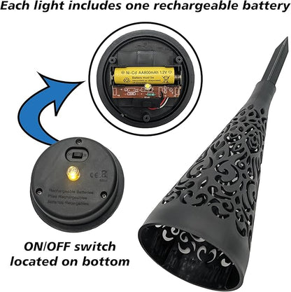 EX ELECTRONIX EXPRESS 6 Pack Solar Charging Decorative Walkway Patio Lawn Lights - Warm Yellow Subtle Pattern Lighting - Automatic On at Dusk and Off at Sunrise - Weatherproof Black Plastic