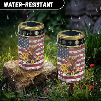 American Flag Yak Sunflower Solar Cemetery Grave Decorations, Waterproof Memorial Cemetery Decorations Lights for Birthday Mother Day Fathery Day Memorial Day
