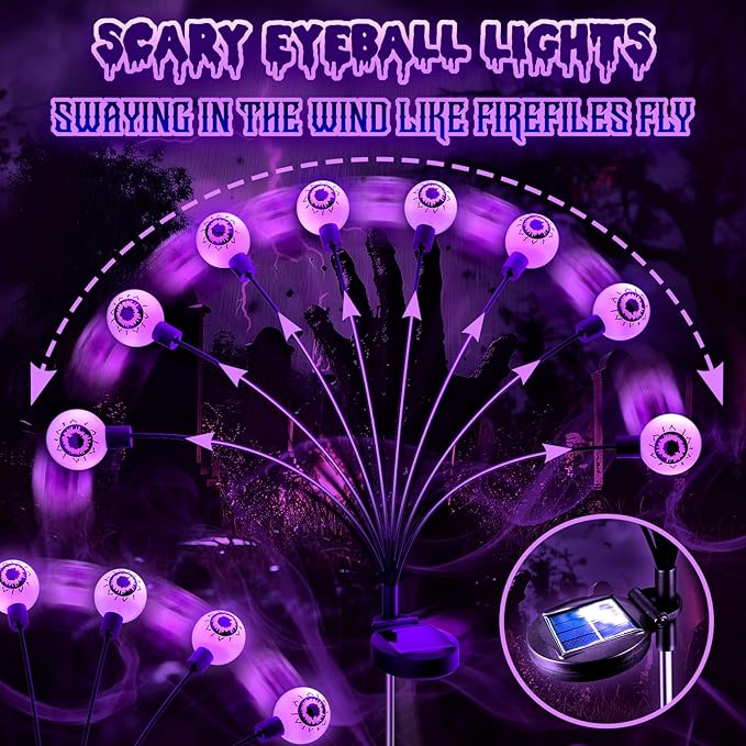 Solar Halloween Lights Decorations Outdoor: 2 Pack16 LED Scary Purple Eyeball Light Waterproof for Yard Outside Decor - Swaying Firefly Garden Lighting Pathway Party Easter Decorative