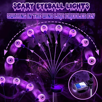 Solar Halloween Lights Decorations Outdoor: 2 Pack16 LED Scary Purple Eyeball Light Waterproof for Yard Outside Decor - Swaying Firefly Garden Lighting Pathway Party Easter Decorative