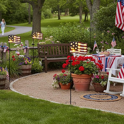 Garden Lights Solar Powered American Flag for Fourth of July Decorations, Memorial Day Decorations Outdoor Tall Patriotic Solar Patio Lights with 12 Vintage Bulbs 49.6" for Yard Pathway Lawn
