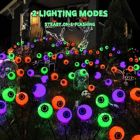 BrizLabs 6 Pack 36 LED Halloween Solar Eyeball Lights, 2 Modes Outdoor Halloween Pathway Lights, Solar Spooky Path Light Waterproof, Swaying Firefly Light for Yard Garden Lawn, Orange & Purple & Green
