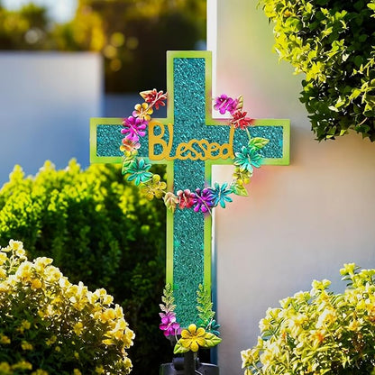 Solar Cross Stake for Cemetery Grave, Memorial Grave Decoration with Flowers and LED Light, Outdoor Solar Cross for Lawn Garden Pathway Decor (Blue)