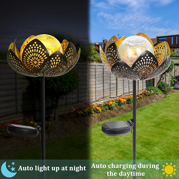 Bshine Lotus Solar Light Outdoor, Waterproof Crack Glass Globes LED Lotus Flower Metal Stake Valentine's Day Outdoor Decor Yard, Courtyard, Path, Art Lawn Ornaments, Gift for Mom Housewarming, Yellow