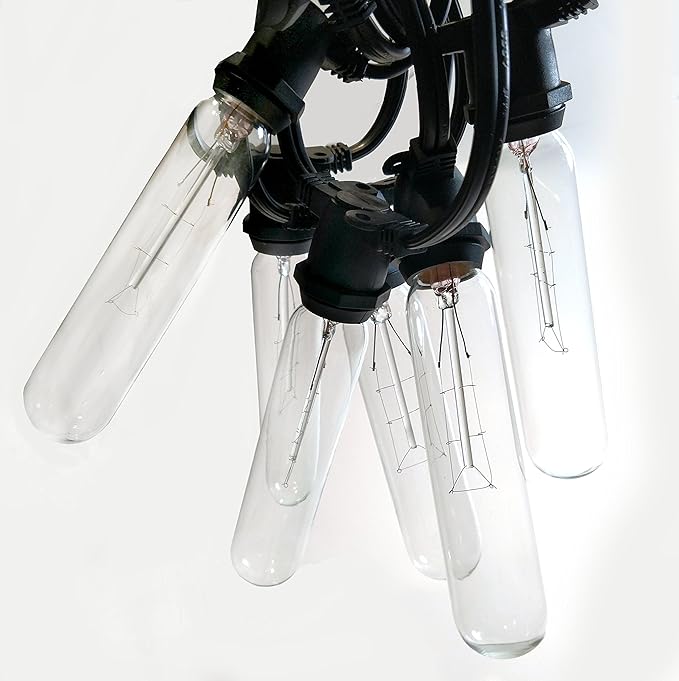 Hometown Evolution, Inc. Commercial Edison Bulb Outdoor String Lights with Hand-Threaded Filament (T25 Tube Edison - Commercial Black Wire, 100 ft)