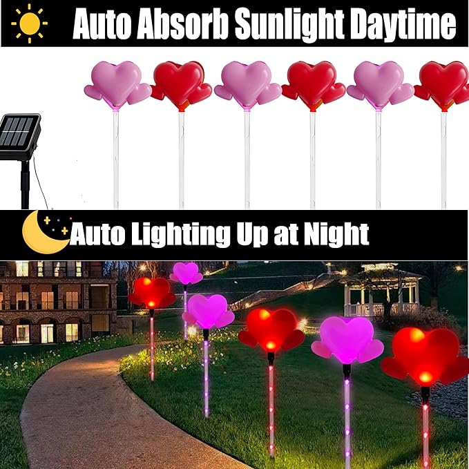 6 Pack Outdoor Solar Pathway Lights-Heart Stake Lightsing for Garden Valentine's Day Decor, Path Light, Waterproof Auto On/Off, Romantic Porch Walkway Romantic Wedding Party Yard Lawn
