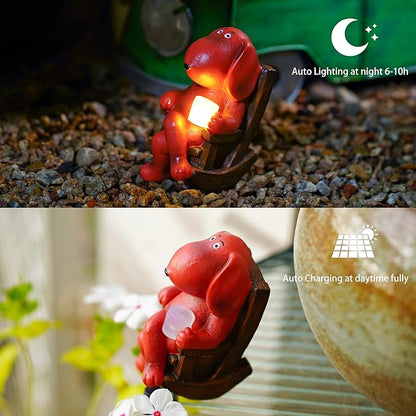 Dog Solar Statue Drinking Coffee Statue Decoration with Solar Light Figurine Ornament for Indoor Outdoor Home Patio Yard Lawn