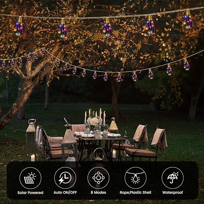 2Pack Solar Outdoor String Lights 24FT Vintage Rope Hemp Solar Lights with 20 Shatterproof Bulbs,8 Modes Solar | Lumora