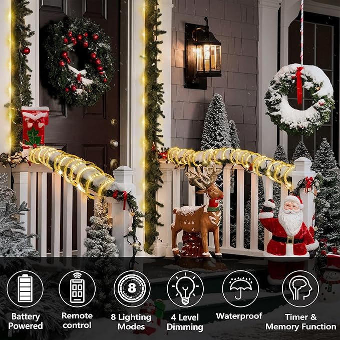 Jnaurb 2-Pack Battery Operated Rope Lights for Outside, Total 66FT 200LED 8 Modes Battery Operated String Lights | Lumora