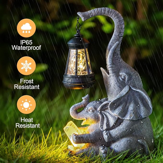 Solar Garden Statue Lights Loving Elephants Figurine with Solar Lantern, Outdoor Yard Decorations for Patio Porch | Lumora