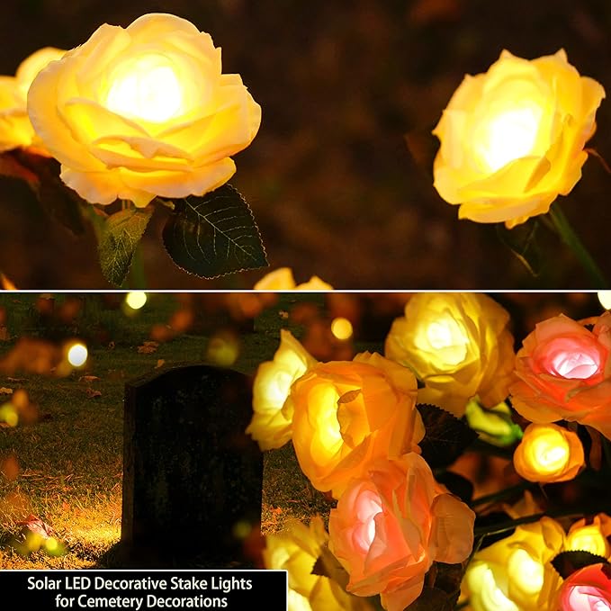 Solar Flowers Garden Lights Outdoor Waterproof [Updated] 2 Packs 10 Yellow Roses Solar Decorative Stake Lights for Patio Pathway Yard Lawn Decor