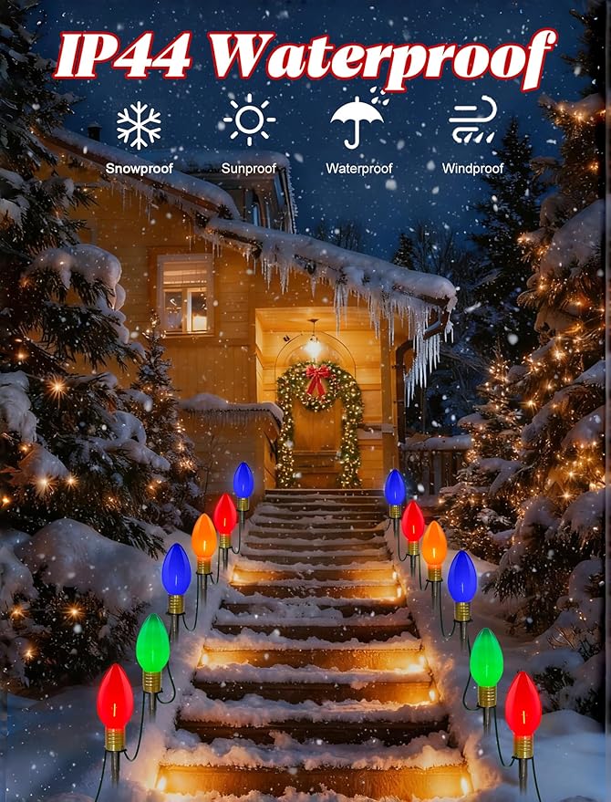 C9 LED Pathway Lights 7Ft Christmas Pathway Lights, Multicolor Walkway Light Outdoor with 4 Marker Stakes Connectable Holiday Commercial Christmas Decoration UL Listed - Green Wire
