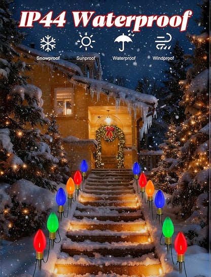C9 LED Pathway Lights 7Ft Christmas Pathway Lights, Multicolor Walkway Light Outdoor with 4 Marker Stakes Connectable Holiday Commercial Christmas Decoration UL Listed - Green Wire