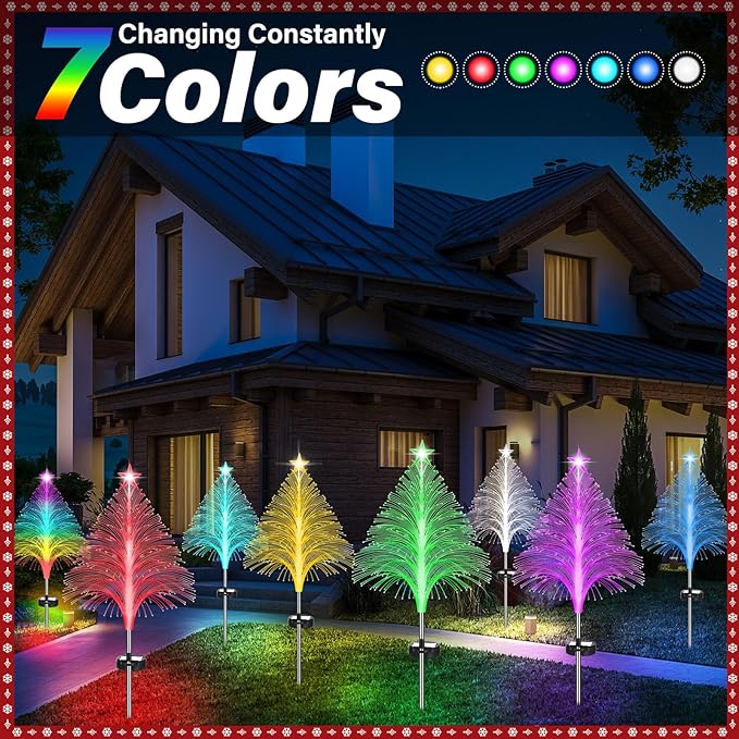 Baquler 12 Pack Solar Christmas Tree Lights Waterproof Outdoor Pathyway Stake Light 7 Lighting Modes Fireworks Christmas Stake Light Decoration for Holiday Yard Walkway Garden Path Decor