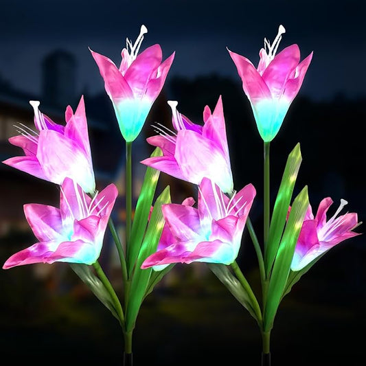 Solar Powered Lily Flower Lights Outdoor, Waterproof Color Changing Garden Lights with Large Solar Panel, 2 Pack for Patio, Yard, Pathway Decoration