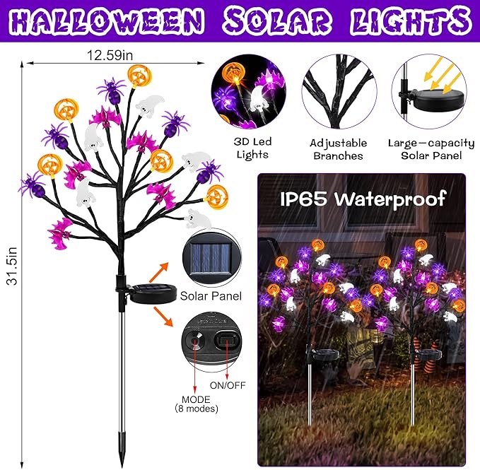 Halloween Decorations Outdoor Solar Lights, 2 Pack Halloween Lights Outdoor Solar Lights Waterproof with 20 LED Ghosts Bats Spiders Pumpkin Light, 8 Modes Solar Pathway Lights for Halloween's Decor