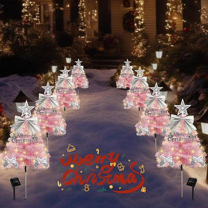 4 Pack Christmas Tree Solar Pathway Lights Outdoor Decorations, Waterproof Artificial Mini Xmas Tree Stake Lights with DIY Ornamets for Garden Yard Porch Decor (Pink Tree)