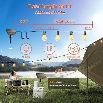 Stright 55FT Solar String Lights Outside Remote Control with USB Charging Port E12 S14 Bulbs, 55 Feet 15 Sockets Outdoor Lights Dimmable Solar Power LED Bulbs for Patio Garden Market Bistro Backyard