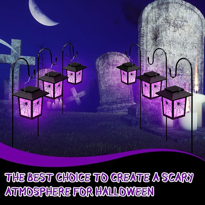 4 Pack Halloween Solar Lights 4.7 Inch Spider Purple Solar Pathway Lights Halloween Decorations with 24 Inch Shepherd Hooks Landscape Lighting Waterproof LED for Garden Yard Walkway Driveway Outdoor