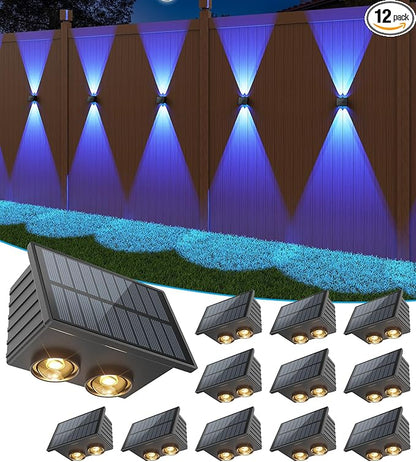 VOLISUN Solar Fence Lights 12 Pack, Color Glow LED Up and Down Wall Lights, IP65 Waterproof Solar Lights Outdoor for Patio, Backyard, Railing, Deck, Fence and Wall (4 Lenses)