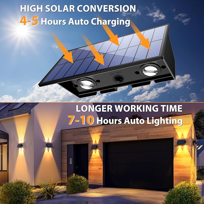 Solar Fence Lights,6Pack Warm White Up & Down Solar Wall Lights Waterproof 100 Lumens Dusk to - Outdoor Path Light | Lumora