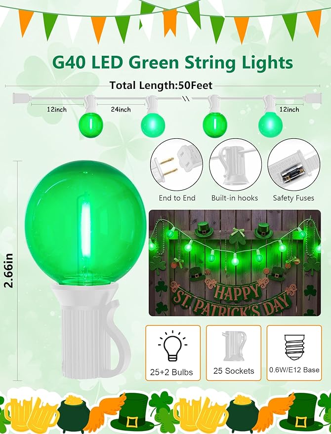 50FT G40 LED Outdoor Globe String Lights, St. Patrick's Day Decorations Lights Outdoor with 27 Shatterproof Green Bulbs, Hanging Globe Patio Lights Waterproof for Outside Party Wedding Porch Backyard